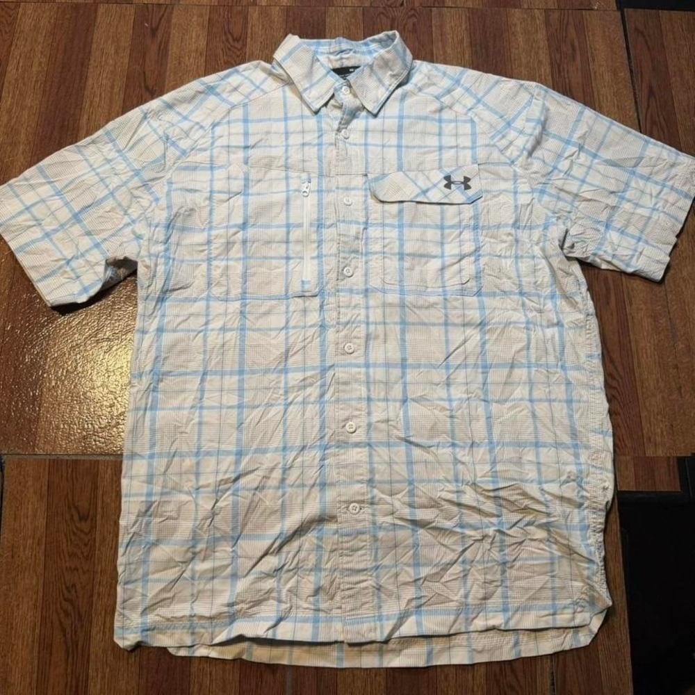 Under Armour Blue White Plaid Heat Tech Button Polo Shirt Medium